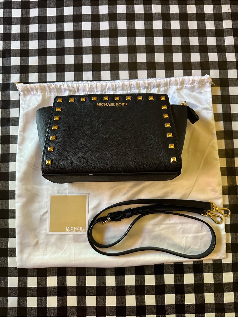 Michael Kors Black Saffiano Crossbody with Gold Pyramid Studs